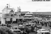 A busy scene at Carlisle Pier in July 1980 shortly after the arrival of a Sealink ferry. The bridge upon which road vehicles were loaded onto the ferry can clearly be seen. ©Jonathan M.Allen
